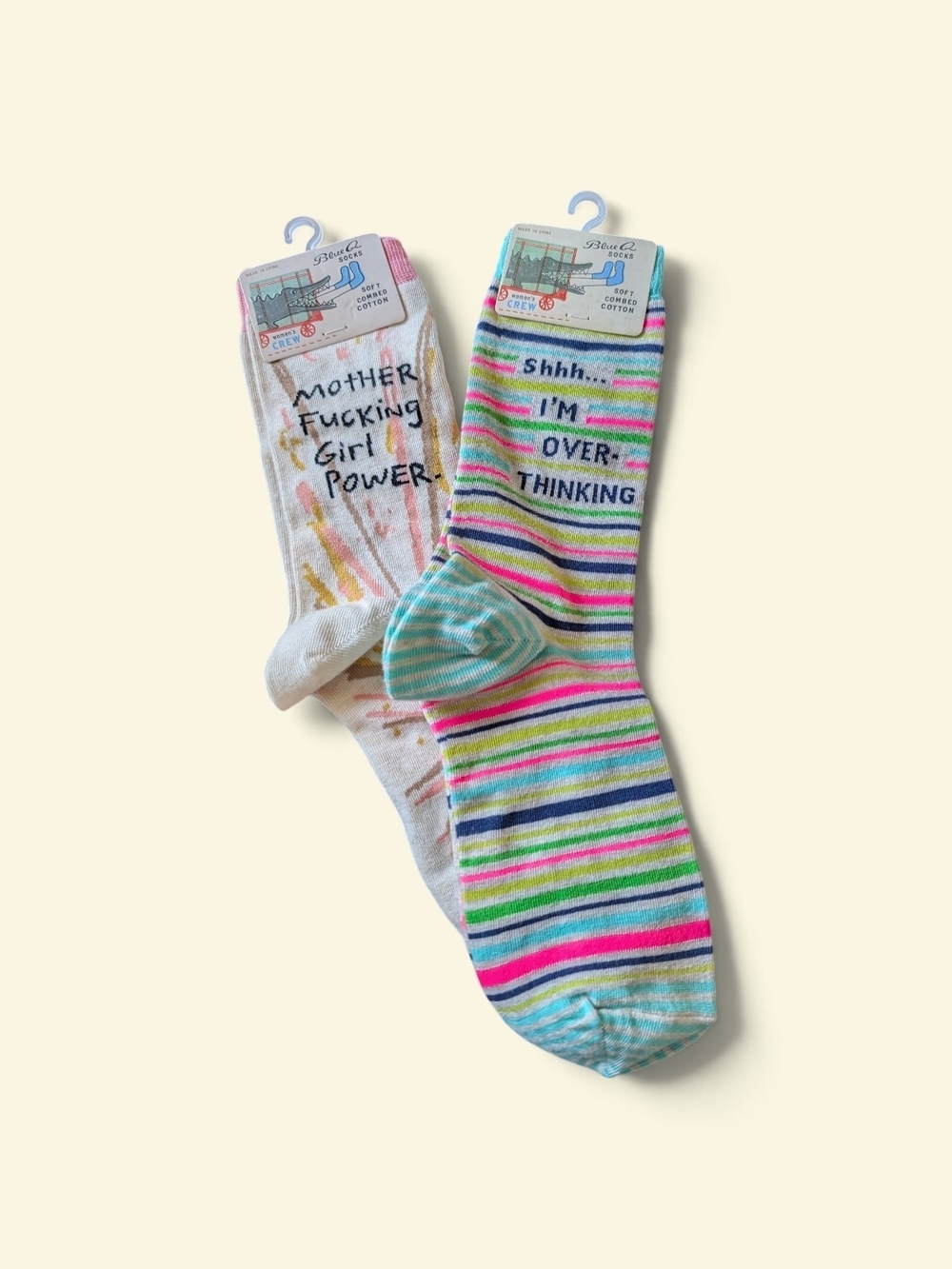 Blue Q Multicolor Striped & Text Crew Socks - Pink, Green, Blue, Yellow